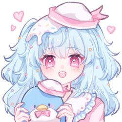 Rule 34 | 1girl, beak, bird, blue eyes, blue hair, blush, blush stickers, bow, bowtie, collared shirt, commentary, creature, english commentary, eyelashes, food, food-themed hair ornament, food on head, frilled sailor collar, frills, hair ornament, hat, hat ribbon, heart, highres, holding, holding creature, icing, medium hair, object on head, original, penguin, pink bow, pink bowtie, pink eyes, pink hat, pink ribbon, pink shirt, ribbon, sailor collar, sailor hat, sanrio, shirt, solid oval eyes, sprinkles, tuxedo sam, twitter username, two-tone headwear, two side up, upper body, white background, white hat, white sailor collar, white trim, yukomeow