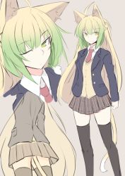 Rule 34 | 1girl, ahoge, alternate costume, animal ears, arms at sides, atalanta (fate), black thighhighs, blazer, blonde hair, cat ears, cat tail, fate/apocrypha, fate (series), from below, green eyes, green hair, grey background, jacket, multicolored hair, multiple views, nahu, necktie, one eye closed, plaid, plaid skirt, school uniform, sigh, sketch, skirt, tail, thighhighs, thighs, vest