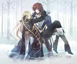 Rule 34 | 2boys, alucard (castlevania), arm around neck, ascot, bare tree, black coat, black footwear, black gloves, black pants, blonde hair, blue coat, brown gloves, brown hair, carrying, castlevania (series), coat, collared coat, collared shirt, commentary request, fog, forest, frock coat, gloves, highres, hilt, kariya (mizore), light particles, looking at another, looking down, male focus, multiple boys, nature, pants, princess carry, richter belmont, shirt, super castlevania iv, tree, wading, water, whip, white shirt