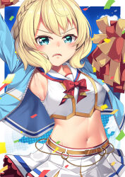 Rule 34 | 1girl, arm up, armpits, belt, blonde hair, blue eyes, blue jacket, bow, braid, brown belt, colorado (kancolle), commentary request, cosplay, crop top, d:, highres, jacket, kantai collection, long sleeves, looking at viewer, midriff, miniskirt, navel, nice nature (run&amp;win) (umamusume), nice nature (umamusume), nice nature (umamusume) (cosplay), open clothes, open jacket, open mouth, pom pom (cheerleading), red bow, shirt, short hair, skirt, skirt set, solo, stomach, umamusume, upper body, white shirt, white skirt, yasume yukito
