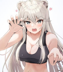 Rule 34 | 1girl, :o, anger vein, animal ears, black nails, blush, breasts, claw pose, cleavage, commentary request, earrings, fangs, fingernails, grey eyes, hair between eyes, highres, hololive, jewelry, large breasts, lion ears, long fingernails, long hair, nail polish, sharp fingernails, shishiro botan, shishiro botan (button-down), silver hair, simple background, solo, sports bra, suicabar72, upper body, virtual youtuber, white background