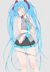 Rule 34 | 1girl, aqua eyes, aqua hair, bad id, bad pixiv id, bare shoulders, blue eyes, blue hair, blush, bow, bow panties, breasts, collared shirt, colored eyelashes, fukagawa kazumi, grey background, hair between eyes, hair ornament, hatsune miku, head tilt, holding own arm, lace, ldbkty, long hair, looking to the side, matching hair/eyes, miniskirt, nail polish, necktie, panties, panty pull, parted lips, pleated skirt, pussy juice, shirt, simple background, skirt, sleeveless, sleeveless shirt, small breasts, solo, standing, twintails, underwear, very long hair, vocaloid, white panties