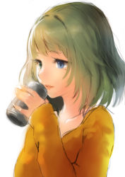Rule 34 | 10s, 1girl, blue eyes, brown hair, can, collarbone, drinking, green eyes, heterochromia, holding, holding can, idolmaster, idolmaster cinderella girls, long sleeves, meto31, mole, mole under eye, open mouth, shirt, simple background, solo, takagaki kaede, white background, yellow shirt