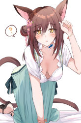 Rule 34 | 1girl, :o, ?, all fours, animal ear fluff, animal ears, arm up, bed sheet, blue skirt, blush, breasts, brown hair, cat ears, cat girl, cat tail, collarbone, double bun, downblouse, facial mark, final fantasy, final fantasy xiv, flower, hair between eyes, hair bun, hair flower, hair ornament, highres, kinona, looking at viewer, medium breasts, miqo&#039;te, multicolored hair, nail polish, parted lips, pink flower, red hair, shirt, short sleeves, simple background, skirt, solo, spoken question mark, streaked hair, tail, warrior of light (ff14), whisker markings, white background, white shirt, yellow eyes, yellow nails