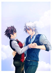 Rule 34 | 2boys, absurdres, alternate costume, artist name, ass, belt, belt buckle, black hair, blue neckwear, blue vest, blush, buckle, cloud, collar, crow armbrust, day, earrings, eiyuu densetsu, falcom, formal, framed, hair between eyes, hand on another&#039;s arm, hand on another&#039;s back, heart, highres, holding hands, iwonn, jewelry, looking at another, male focus, medium hair, multiple boys, multiple earrings, necktie, one eye closed, pants, profile, purple eyes, rean schwarzer, red eyes, red neckwear, red vest, rolled up sleeves, sen no kiseki, shirt, short hair, silver hair, sky, spiked hair, star (symbol), striped clothes, striped pants, striped shirt, vest, wing collar, wink, yaoi