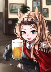 Rule 34 | 1girl, :d, alcohol, animal ears, archetto (arknights), arknights, armor, beer, beer mug, blue eyes, blurry, blurry background, brown hair, circlet, collared shirt, commentary, cup, drink, epaulettes, fringe trim, gauntlets, hand up, heterochromia, highres, holding, holding cup, holding drink, indoors, lens flare, light blush, long hair, looking at viewer, making-of available, mug, open mouth, picture frame, red eyes, shirt, sitting, sketch, smile, solo, tubuan (tubuan03), upper body, white shirt, wooden floor