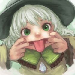 Rule 34 | 1girl, :p, bukimi isan, cross-eyed, female focus, green eyes, green hair, grey hair, hat, highres, komeiji koishi, looking at viewer, matching hair/eyes, mouth pull, open mouth, shirt, solo, tongue, tongue out, touhou, upper body