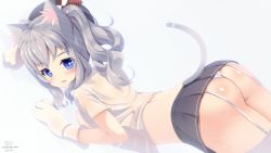 Rule 34 | 10s, 1girl, animal ears, artist name, ass, beret, black skirt, blue eyes, blush, cat ears, cat tail, dated, garter straps, hat, highres, kantai collection, kashima (kancolle), long hair, natsumiya yuzu, open mouth, pleated skirt, shirt, short sleeves, silver hair, skirt, smile, solo, tail, thighhighs, two side up, white shirt, white thighhighs