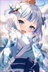Rule 34 | 1girl, :d, absurdres, ahoge, animal, animal on head, blue eyes, blue hair, blush, breath, commentary request, ebi-chan (gawr gura), fur collar, furisode, gawr gura, gawr gura (new year), hair ornament, highres, hololive, hololive english, japanese clothes, kimono, long sleeves, looking at viewer, multicolored hair, official alternate costume, on head, open mouth, outdoors, piyoyanagi, sharp teeth, shrimp, smile, teeth, twitter username, two-tone hair, upper body, virtual youtuber, white hair