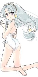 Rule 34 | 1girl, ass, asymmetrical bangs, casual one-piece swimsuit, flower, from behind, full body, grey hair, hair flower, hair ornament, hairband, highres, kantai collection, kneehighs, long hair, low-tied long hair, official alternate costume, one-piece swimsuit, purple eyes, sagiri (kancolle), simple background, socks, solo, swept bangs, swimsuit, tsumorin (tumori), white background, white hairband, white one-piece swimsuit