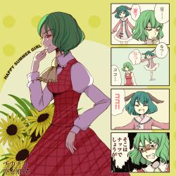 Rule 34 | 2girls, 4koma, animal ears, ascot, backlighting, black eyes, blush, breasts, chitosu, circle, clenched teeth, collared shirt, comic, dog ears, dress, embarrassed, english text, eyebrows, finger to mouth, flower, following, full-face blush, green eyes, green hair, grin, happy, kasodani kyouko, kazami yuuka, long sleeves, looking at another, looking down, looking to the side, medium breasts, multiple girls, outstretched arms, pink dress, plaid, plaid vest, puffy long sleeves, puffy sleeves, red eyes, running, shirt, short hair, smile, tearing up, teeth, title, touhou, translation request, vest, yellow background