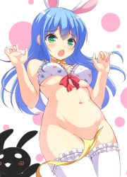 Rule 34 | 1girl, animal ears, bad id, bad pixiv id, blue hair, blush, bottomless, bra, breasts, choker, covered erect nipples, covering privates, curvy, frilled bra, frilled thighhighs, frills, from below, green eyes, heart, heart print, highres, long hair, medium breasts, navel, open mouth, original, polka dot, polka dot background, rabbit, rabbit ears, ribbon choker, simple background, solo, surprised, tears, thick thighs, thighhighs, thighs, tiphereth, underboob, underwear, white bra, white thighhighs