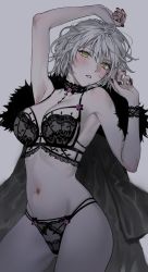 Rule 34 | 1girl, arm up, armpits, black bra, black choker, black nails, black panties, blush, bra, breasts, choker, cleavage, collarbone, fate/grand order, fate (series), highres, jeanne d&#039;arc alter (fate), lace, lace bra, lace panties, large breasts, lingerie, looking at viewer, lying, nail polish, navel, nipi27, on back, panties, parted lips, see-through, short hair, solo, underwear, white hair, yellow eyes