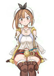 Rule 34 | 1girl, :o, atelier (series), atelier ryza, atelier ryza 1, b.u.e.r., belt, beret, brown eyes, brown gloves, brown hair, collarbone, commentary request, flask, gloves, hair ornament, hairclip, hat, hitotose rin, jewelry, koukaku no pandora, micro shorts, necklace, open mouth, pouch, red shorts, reisalin stout, round-bottom flask, short hair, short shorts, shorts, simple background, sitting, solo, star (symbol), star necklace, thighhighs, thighs, white background