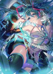 Rule 34 | 1girl, absurdres, adjusting hair, aqua eyes, aqua hair, aqua nails, arm tattoo, arm up, bare shoulders, blush, book, breasts, commentary, detached sleeves, feathered wings, feathers, fingernails, hair between eyes, hair ornament, hatsune miku, headset, highres, jewelry, light blush, long hair, long sleeves, looking at viewer, nail polish, necktie, number tattoo, paintbrush, palette (object), paper, parted lips, piano keys, pleated skirt, shirt, skirt, small breasts, solo, tattoo, technology, thighhighs, twintails, vocaloid, vvpxo, wide sleeves, wings, zettai ryouiki