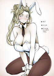 Rule 34 | 1girl, animal ears, bare shoulders, blush, breasts, cleavage, cloud kingdom, constricted pupils, detached collar, english text, fake animal ears, front-seamed legwear, hair rings, half updo, huge breasts, jitome, leotard, long hair, meme, necktie, original, pantyhose, pas (paxiti), playboy bunny, rabbit ears, rabbit tail, seamed legwear, short necktie, solo, tail, take your pick, touch fluffy tail (meme), wrist cuffs