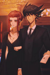 Rule 34 | 1boy, 1girl, absurdres, black dress, black hair, black jacket, black necktie, black pants, black vest, blonde hair, blue eyes, blurry, blurry background, breasts, brown eyes, cleavage, closed mouth, collarbone, collared shirt, couple, dress, earrings, facial mark, formal, fudo yusei, hair intakes, hetero, highres, indoors, izayoi aki, jacket, jewelry, letter, long dress, long hair, medium breasts, multicolored hair, naoki (2rzmcaizerails6), necklace, necktie, open clothes, open jacket, pants, red hair, ring, shirt, spiked hair, two-tone hair, vest, wedding ring, white shirt, wing collar, yu-gi-oh!, yu-gi-oh! 5d&#039;s
