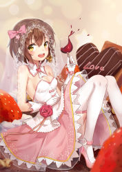 Rule 34 | 10s, 1girl, alternate costume, breasts, brown eyes, brown hair, cake, candy, chocolate, chocolate cake, chocolate heart, cleavage, cup, dress, drinking glass, food, fruit, gloves, headset, heart, high heels, highres, kantai collection, open mouth, ribbon, short hair, small breasts, smile, solo, speaking tube headset, strawberry, thighhighs, veil, white gloves, white thighhighs, wine glass, yuhuan, yukikaze (kancolle)