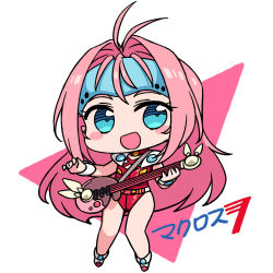 Rule 34 | 1girl, :d, blue eyes, blush stickers, boots, chan co, chibi, copyright name, full body, highres, holding, holding instrument, instrument, leotard, long hair, looking at viewer, macross, macross 7, mylene jenius, open mouth, pink background, pink hair, red leotard, smile, solo, translation request, two-tone background, very long hair, white background, white footwear