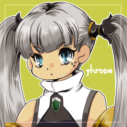 Rule 34 | 1girl, blue eyes, character name, green background, grey hair, long hair, solo, tolone, tolone (xenogears), twintails, xenogears, yamabuki natsume