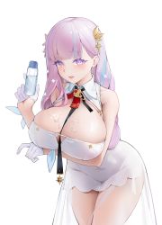 Rule 34 | 1girl, absurdres, arm under breasts, azur lane, bare arms, bare shoulders, between breasts, blush, bottle, breast hold, breasts, cleavage, clothing cutout, clover hair ornament, collared dress, cowboy shot, dress, gloves, gradient hair, hair ornament, half gloves, highres, holding, holding bottle, huge breasts, index finger raised, janload1ng, leaning forward, light purple hair, long hair, looking at viewer, multicolored hair, necktie, necktie between breasts, parted lips, pink eyes, plymouth (azur lane), purple eyes, simple background, smile, solo, thighs, wet, white background, white dress, white gloves