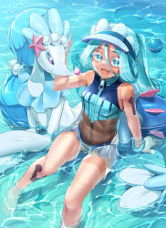 Rule 34 | 1girl, :d, absurdres, akrun, blue eyes, blue hair, colored eyelashes, creatures (company), dark-skinned female, dark skin, dive ball, eyelashes, game freak, gen 7 pokemon, hatsune miku, highres, long hair, looking at viewer, nintendo, open mouth, petting, piano print, poke ball, pokemon, pokemon (creature), primarina, project voltage, sitting, smile, swimsuit, tan, tanline, twintails, very long hair, visor cap, vocaloid, water, water miku (project voltage), wet, zipper pull tab