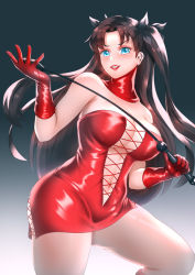 Rule 34 | 1girl, aged up, blue eyes, breasts, brown hair, cleavage, dominatrix, dress, elbow gloves, eyebrows, fate/stay night, fate (series), femdom, from below, gloves, gradient background, haryudanto, holding, holding riding crop, large breasts, lips, long hair, looking at viewer, navel, red dress, red gloves, riding crop, simple background, solo, tohsaka rin, whip