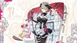 Rule 34 | 1girl, :d, apron, arm up, asymmetrical gloves, black gloves, black pantyhose, breasts, brown hair, character name, cleavage, curtains, doll, dress, flower, frilled apron, frilled dress, frills, gloves, grin, hair over one eye, highres, homu (honkai impact), honkai (series), honkai impact 3rd, looking at viewer, maid, maid apron, maid headdress, mismatched gloves, official art, open mouth, pantyhose, pink flower, pink rose, purple eyes, rita rossweisse, rita rossweisse (umbral rose), rose, short hair, short sleeves, smile, solo, vase, white flower, white rose