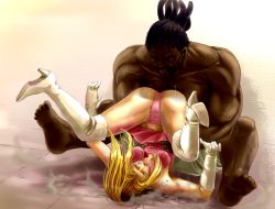 Rule 34 | 1boy, 1girl, alternate costume, ass, barefoot, battle, beaten, beimei, black hair, blonde hair, boots, breasts, bruise, closed eyes, dark-skinned male, dark skin, defeat, dreadlocks, dress, elbow gloves, gloves, high heels, injury, jeffry mcwild, knee boots, legs over head, long hair, manly, muscular, navel, panties, pantyshot, pink dress, pink panties, pink skirt, ponytail, powerbomb, ryona, sarah bryant, shoes, shorts, size difference, skirt, sweat, thighhighs, unconscious, underwear, upskirt, virtua fighter, white gloves, white thighhighs, wrestling