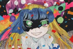 Rule 34 | 1girl, @ @, american flag shirt, blonde hair, blunt bangs, clownpiece, commentary request, confetti, fire, green eyes, grin, highres, insect wings, kz m i, long hair, looking at viewer, medium bangs, mismatched pupils, neck ruff, painting (medium), polka dot, shaded face, smile, solo, star-shaped pupils, star (symbol), symbol-shaped pupils, touhou, traditional media, upper body, watercolor (medium), wings