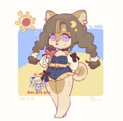 Rule 34 | 1girl, :p, animal ears, artist name, black shirt, blue shorts, blunt bangs, blurry, blurry background, braid, brown fur, brown hair, cat ears, cat girl, cat tail, dated, food, full body, furry, furry female, holding, holding food, hua hua de meme, ice cream, long hair, looking at viewer, multicolored background, original, purple eyes, shirt, shorts, signature, solo, sun, tail, tongue, tongue out, twin braids, watermark, white background, yellow background