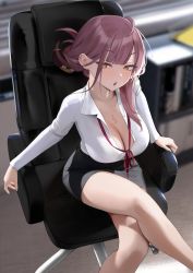 Rule 34 | 1girl, ahoge, aru (blue archive), black skirt, blouse, blue archive, blurry, blurry background, breasts, chair, cleavage, crossed legs, highres, horns, indoors, large breasts, long hair, long sleeves, looking at viewer, neck ribbon, office chair, office lady, parted lips, pencil skirt, preview (preview0), red hair, red ribbon, ribbon, shirt, shirt tucked in, sitting, skirt, solo, swivel chair, thighs, white shirt, yellow eyes
