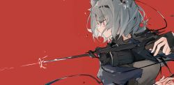 Rule 34 | 1girl, absinthe (arknights), arknights, breasts, commentary, from side, grey shirt, gun, hairband, highres, holding, holding gun, holding weapon, medium breasts, mikozin, profile, red background, red eyes, shirt, silver hair, simple background, solo, upper body, weapon