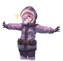 Rule 34 | 1girl, ^^^, athenawyrm, belt, belt pouch, black-framed eyewear, black gloves, blush, breath, coat, cowboy shot, cropped legs, fate/grand order, fate (series), fur-trimmed hood, fur trim, fur trimm, glasses, gloves, hair over one eye, hood, hood up, hooded coat, long sleeves, looking at viewer, mash kyrielight, official alternate costume, outstretched arms, pants, pink hair, pouch, purple coat, purple eyes, purple pants, short hair, simple background, solo, spread arms, standing, white background, winter clothes, winter coat
