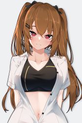 Rule 34 | 1girl, :3, absurdres, arms behind back, blush, breasts, brown hair, closed mouth, collarbone, collared shirt, commentary, dress shirt, girls&#039; frontline, head tilt, highres, long hair, looking at viewer, medium breasts, navel, open clothes, open shirt, red eyes, scar, scar across eye, scar on face, shirt, short sleeves, smile, solo, sports bra, twintails, ump9 (girls&#039; frontline), unbuttoned, unbuttoned shirt, upper body, white shirt, yellow pupils, z.taiga
