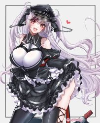 Rule 34 | armband, azur lane, black corset, black dress, black footwear, black headwear, black ribbon, boots, breasts, clothing cutout, collared dress, corset, cross, dress, elbe (azur lane), fang, frilled dress, frills, hair between eyes, hair ribbon, hat, heart, iron cross, kneeling, large breasts, layered dress, leotard, looking at viewer, multicolored hair, open mouth, peaked cap, red armband, ribbon, rudder footwear, sakurai (skri 3527), shoulder cutout, simple background, skin fang, skirt hold, smile, streaked hair, thigh boots, thighhighs, twintails, twitter username, underboob cutout, white background, white leotard