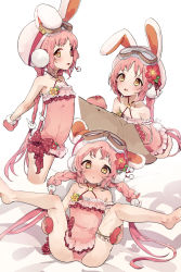 Rule 34 | 1girl, animal ears, animal hat, bow, braid, collarbone, flat chest, frilled one-piece swimsuit, frilled swimsuit, frills, goggles, hair ornament, hat, highres, long hair, mimi (princess connect!), mimi (summer) (princess connect!), mittens, one-piece swimsuit, pink hair, pkpkpppk, princess connect!, rabbit ears, rabbit hair ornament, rabbit hat, simple background, spread legs, swimsuit, twin braids, yellow eyes