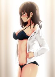 Rule 34 | 1girl, black bra, black panties, blouse, blush, bra, breasts, brown eyes, brown hair, cleavage, cowboy shot, dress shirt, facing to the side, female focus, from side, ginhaha, hige wo soru. soshite joshikousei wo hirou., highres, large breasts, long hair, long sleeves, looking to the side, navel, ogiwara sayu, open clothes, open shirt, panties, shirt, simple background, solo, stomach, underwear, white background, white shirt, yellow eyes