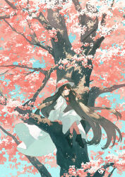 Rule 34 | 1girl, arm rest, arms at sides, black footwear, blue eyes, blue sky, blush stickers, bow, bowtie, branch, brown hair, cherry blossoms, closed mouth, day, dress, floating hair, from side, full body, hat, hat bow, highres, long dress, long hair, long sleeves, looking at viewer, nature, original, outdoors, pink bow, potg (piotegu), red bow, red bowtie, scenery, shoes, sidelocks, sitting on branch, sky, smile, solo, swept bangs, tree, very long hair, white dress, white hat