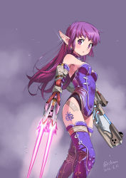 Rule 34 | 1girl, blush, claws, cropped legs, cyborg, dated, earrings, highres, isedaichi ken, jewelry, leotard, long hair, looking at viewer, nei, phantasy star, phantasy star ii, pointy ears, purple background, purple eyes, purple hair, purple leotard, purple theme, purple thighhighs, signature, solo, standing, tattoo, thighhighs