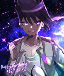 Rule 34 | 1boy, bad id, bad pixiv id, black hair, collarbone, collared shirt, danganronpa (series), danganronpa v3: killing harmony, dated, facial hair, goatee, grey shirt, grin, happy birthday, holding, holding clothes, holding jacket, jacket, unworn jacket, looking at viewer, male focus, medium hair, mikao (eanv5385), momota kaito, open clothes, open shirt, pink eyes, pink jacket, print shirt, shirt, smile, solo, space, space print, star (symbol), starry background, starry sky print, teeth, upper body, white shirt