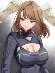 Rule 34 | 1girl, artist name, black bodysuit, blue eyes, bodysuit, breast tattoo, breasts, brown hair, chest tattoo, cleavage, cleavage cutout, closed mouth, clothing cutout, commentary, dated, eunie (xenoblade), feathered wings, head wings, highres, large breasts, long hair, long sleeves, looking at viewer, simple background, smile, solo, swept bangs, tattoo, upper body, white wings, wings, xenoblade chronicles (series), xenoblade chronicles 3, yamamori kinako
