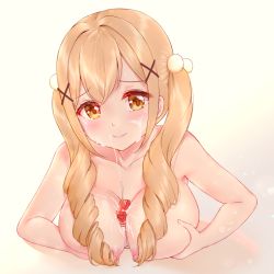 Rule 34 | 1girl, bang dream!, bendy straw, between breasts, blonde hair, blush, breasts, brown eyes, c8oyk, closed mouth, collarbone, drill hair, drinking straw, hair between eyes, hair bobbles, hair ornament, ichigaya arisa, large breasts, long hair, milk carton, nipples, nude, revision, sexually suggestive, smile, solo, suggestive fluid, twin drills, twintails, upper body, x hair ornament