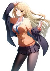 Rule 34 | 1girl, alternate costume, arm up, black coat, black pantyhose, black skirt, blonde hair, blush, breasts, brown cardigan, cardigan, cleavage, closed mouth, coat, collared shirt, commentary, highres, large breasts, long hair, looking at viewer, mythra (xenoblade), pantyhose, pleated skirt, ririko (zhuoyandesailaer), school uniform, shirt, simple background, skirt, solo, white background, white shirt, xenoblade chronicles (series), xenoblade chronicles 2, yellow eyes