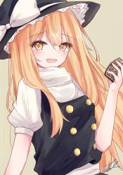 Rule 34 | 1girl, black hat, black vest, blonde hair, blush, bow, breasts, buttons, commentary request, eyelashes, grey background, hair between eyes, hat, hat bow, hat ribbon, highres, holding, kirisame marisa, korira, long hair, looking at viewer, mini-hakkero, open mouth, outside border, puffy short sleeves, puffy sleeves, ribbon, shirt, short sleeves, sidelocks, signature, simple background, small breasts, solo, standing, touhou, turtleneck, vest, white bow, white ribbon, white shirt, witch hat
