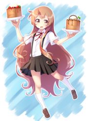 Rule 34 | 1girl, :d, banana, banana slice, black skirt, blue background, brown eyes, brown footwear, brown hair, collared shirt, commentary request, food, food request, fruit, full body, hands up, highres, holding, holding plate, kneehighs, light blush, loafers, long hair, looking at viewer, neck ribbon, oomuro-ke, oomuro hanako, open mouth, outline, plate, pleated skirt, pontasu, red ribbon, ribbon, school uniform, shirt, shirt tucked in, shoes, skirt, smile, socks, solo, strawberry, suspender skirt, suspenders, two-tone background, very long hair, white background, white outline, white shirt, white socks, yuru yuri