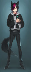 Rule 34 | 1boy, absurdres, aconitea, arm around waist, bad deviantart id, bad id, belt, black footwear, black hair, black jacket, black nails, black pants, black shirt, black tail, blue eyes, bone, commentary, commission, english commentary, freckles, hair over one eye, hand in pocket, highres, jacket, long sleeves, looking to the side, male focus, multicolored hair, nail polish, open clothes, open jacket, open mouth, original, pants, pin, purple hair, shirt, shoes, solo, standing, streaked hair, two-tone hair, unzipped, white belt