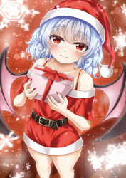 Rule 34 | 1girl, absurdres, bat wings, belt, blue hair, blurry, blurry foreground, closed mouth, fang, from above, gift, hat, highres, holding, holding gift, looking at viewer, merry christmas, off shoulder, red eyes, red hat, reijing etrn, remilia scarlet, santa costume, santa hat, short hair, snowflakes, solo, standing, thighs, touhou, upturned eyes, wings