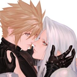 Rule 34 | 2boys, armor, blonde hair, blue eyes, cloud strife, couple, eyelashes, final fantasy, final fantasy vii, final fantasy vii remake, gloves, grey hair, hand on another&#039;s head, hand on another&#039;s shoulder, holding, imminent kiss, keria, long hair, male focus, multiple boys, parted lips, sephiroth, shirt, short hair, shoulder armor, single shoulder pad, sleeveless, sleeveless turtleneck, slit pupils, smile, spiked hair, suspenders, turtleneck, yaoi