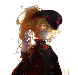 Rule 34 | 1girl, belt, blonde hair, brooch, cape, chinese commentary, commentary request, epaulettes, garreg mach monastery uniform, gesugao, gold trim, hat, highres, jacket, jewelry, l ract, long hair, looking at viewer, military, military hat, military jacket, military uniform, peaked cap, ponytail, simple background, solo, tanya degurechaff, teeth, uniform, upper body, white background, yellow eyes, youjo senki